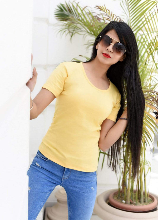 women t-shirt Women's Plain Round Neck T-shirt Yellow wolfattire